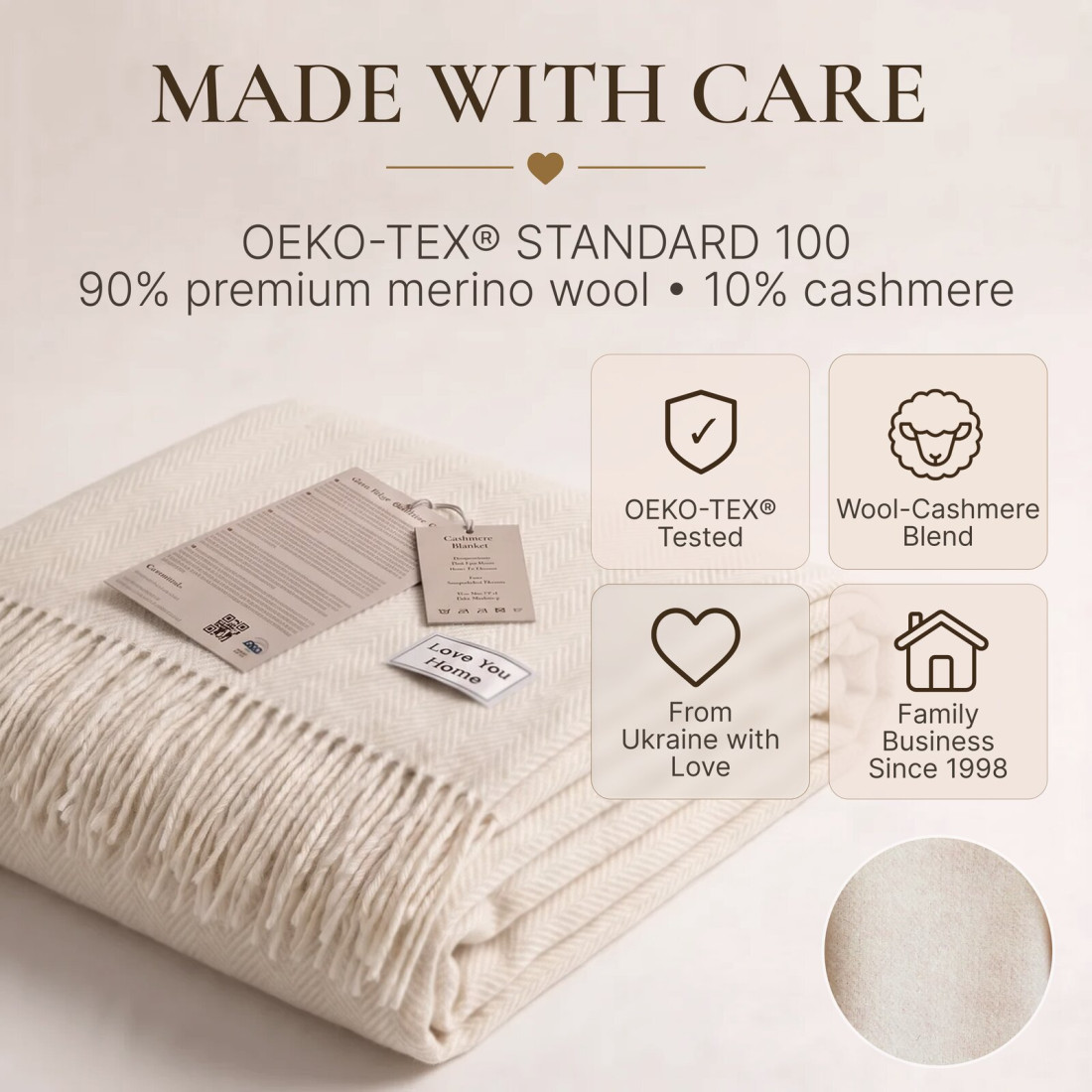 Manta de cachemira y merino (10% cachemira) en espiga · 10
