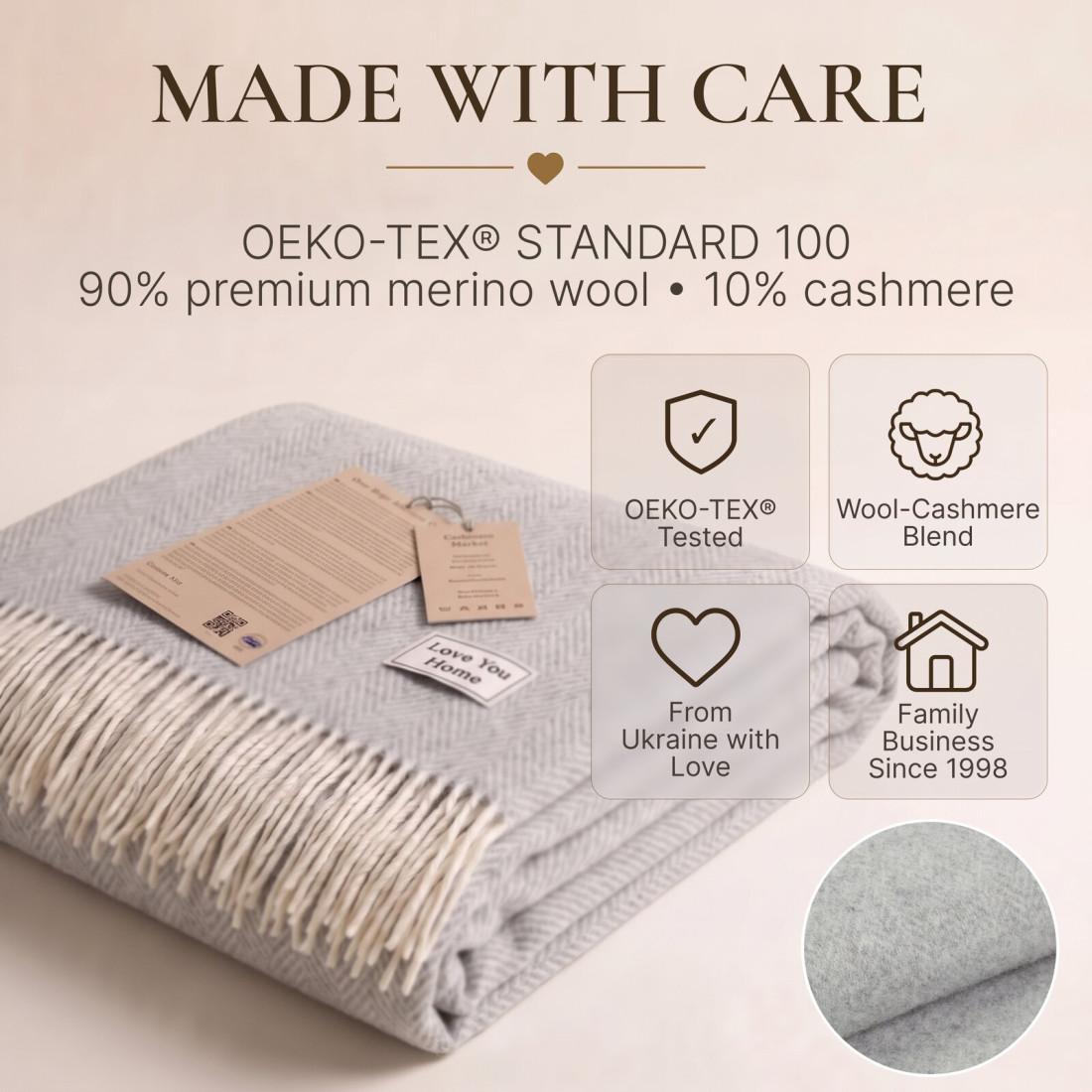 Manta de cachemira y merino (10% cachemira) en espiga · 10