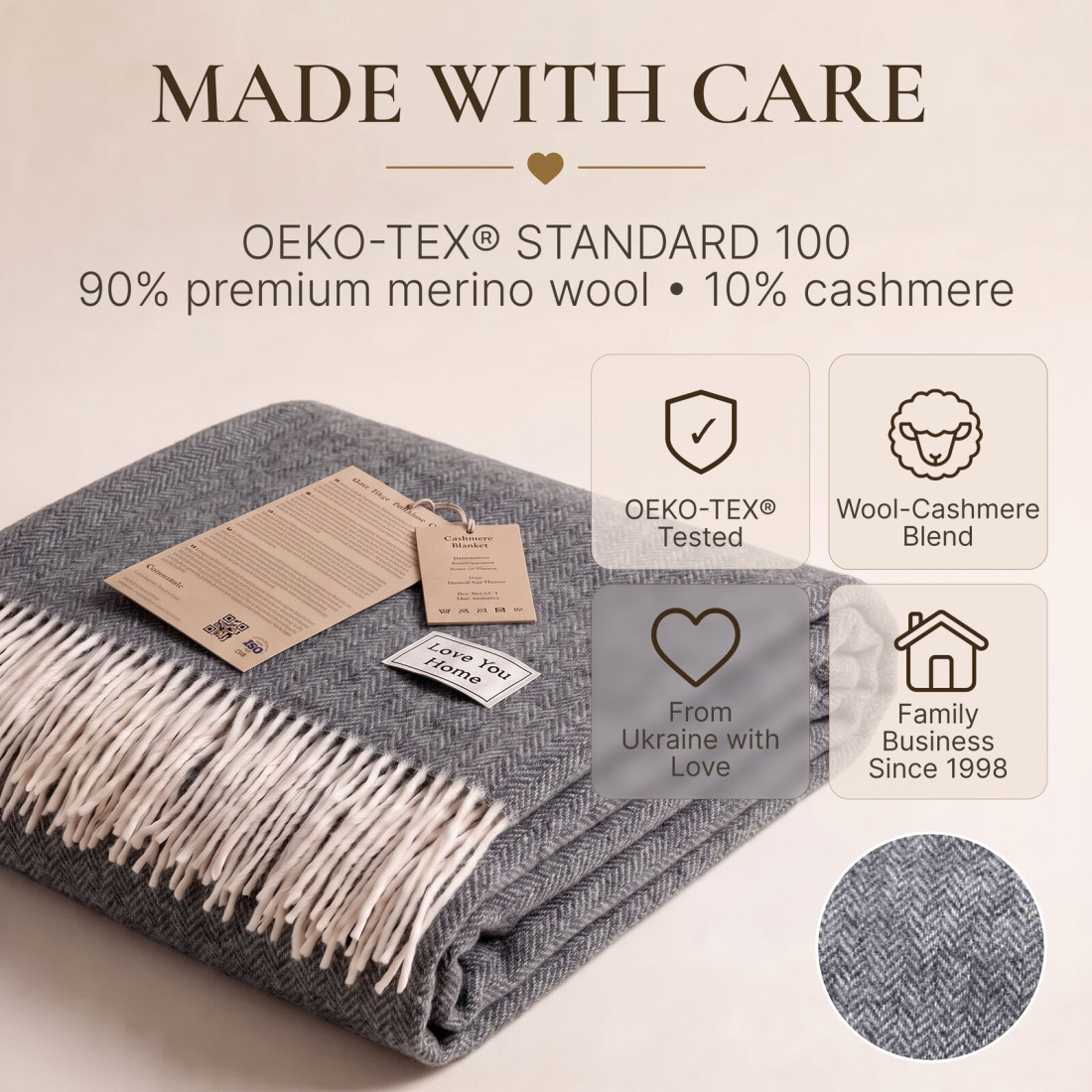 Manta de cachemira y merino (10% cachemira) en espiga · 10