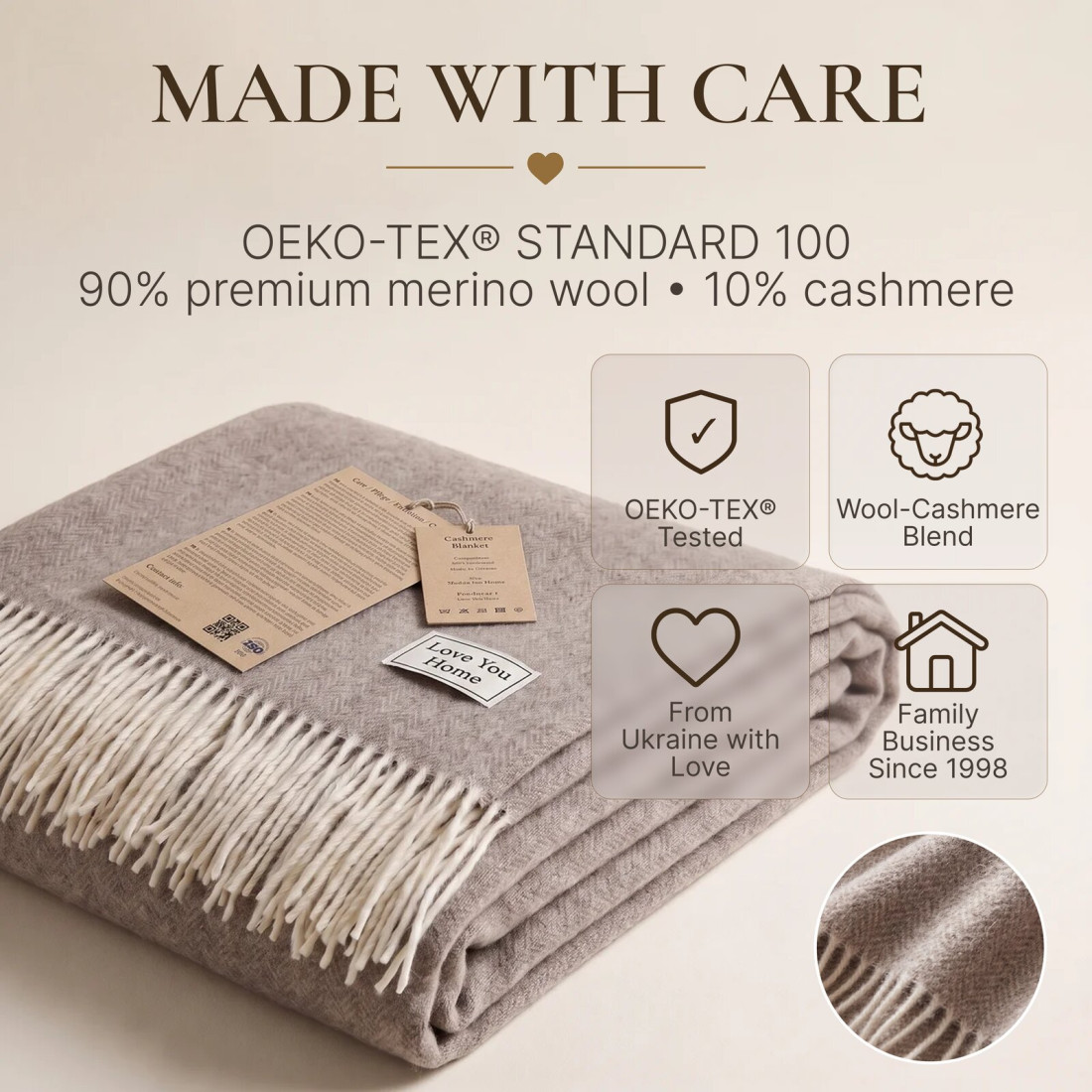 Manta de cachemira y merino (10% cachemira) en espiga · 10