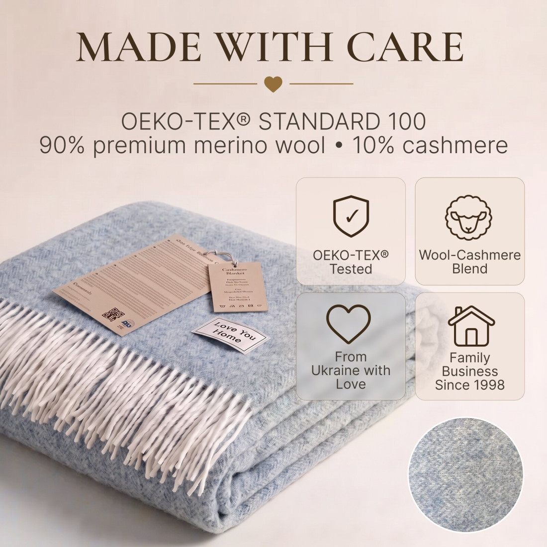 Manta de cachemira y merino (10% cachemira) en espiga · 10