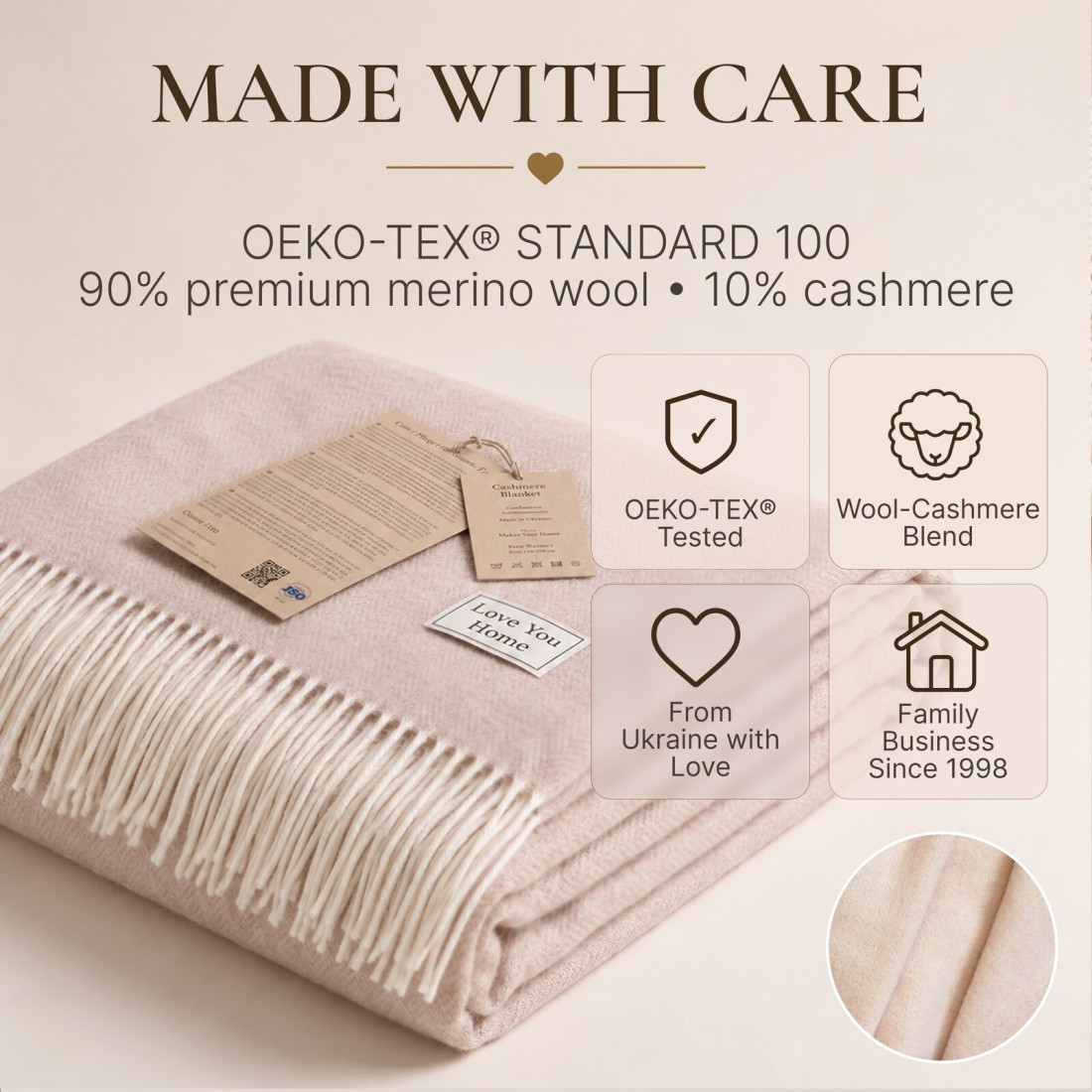 Manta de cachemira y merino (10% cachemira) en espiga · 10