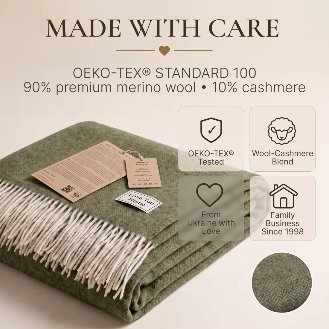 Manta de cachemira y merino (10% cachemira) en espiga · 10