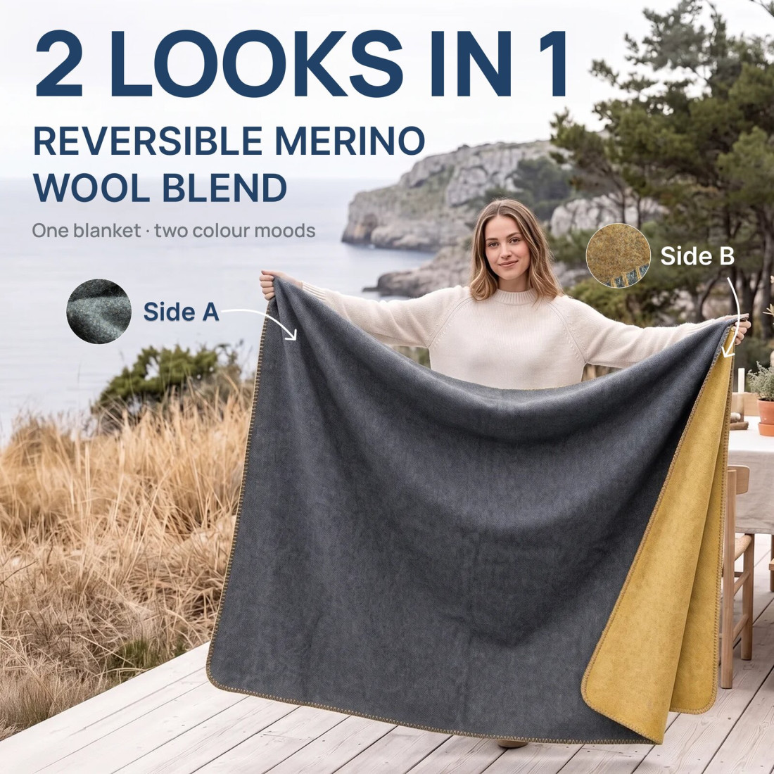 Manta reversible 80% lana merino · 2