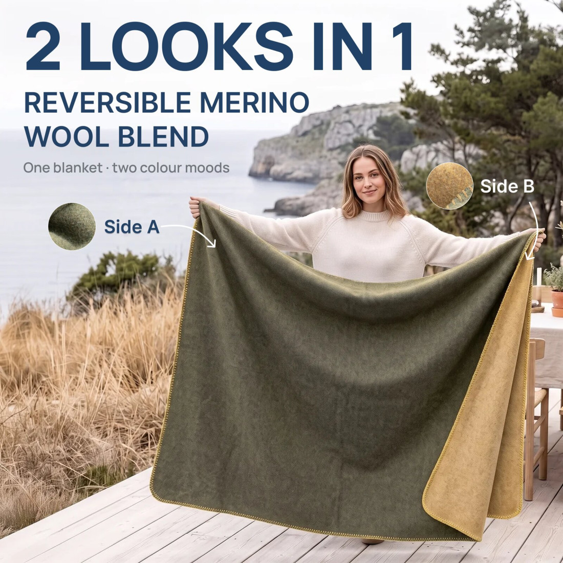Manta reversible 80% lana merino · 2