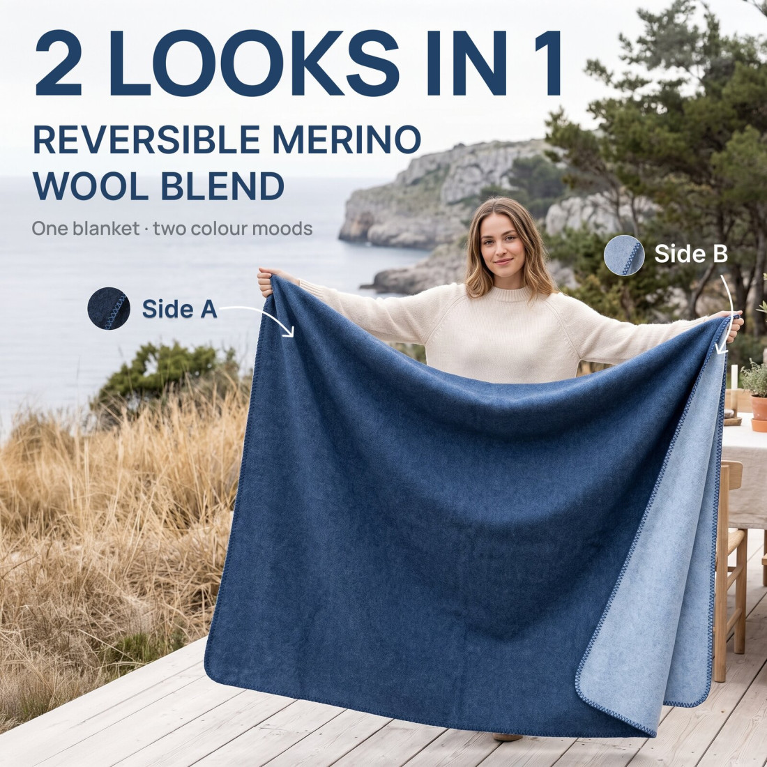 Manta reversible 80% lana merino · 2