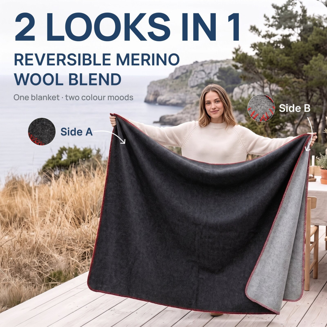 Manta reversible 80% lana merino · 2