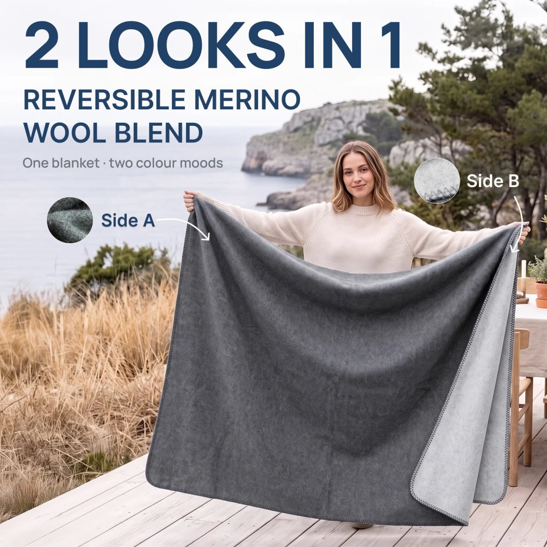 Manta reversible 80% lana merino · 2